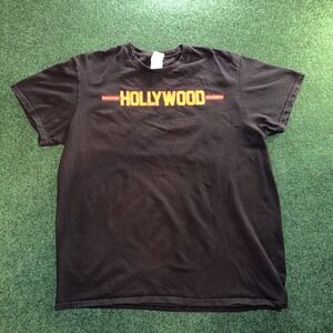 Hollywood Graphic T Shirt Unisex Large Black Yellow Red Lettering T